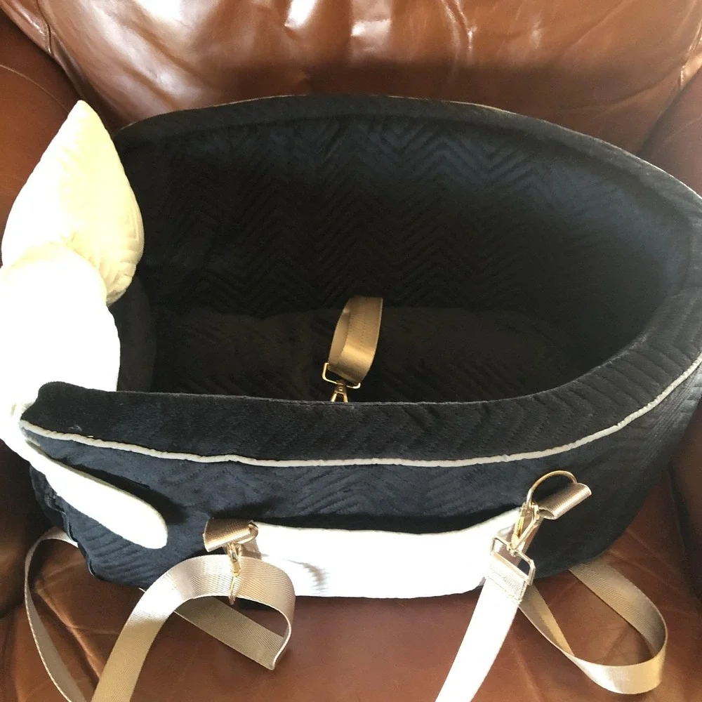 Small Dog Car Seat Booster Carrier Plush Black Velour Bow Tether Straps Non-Slip